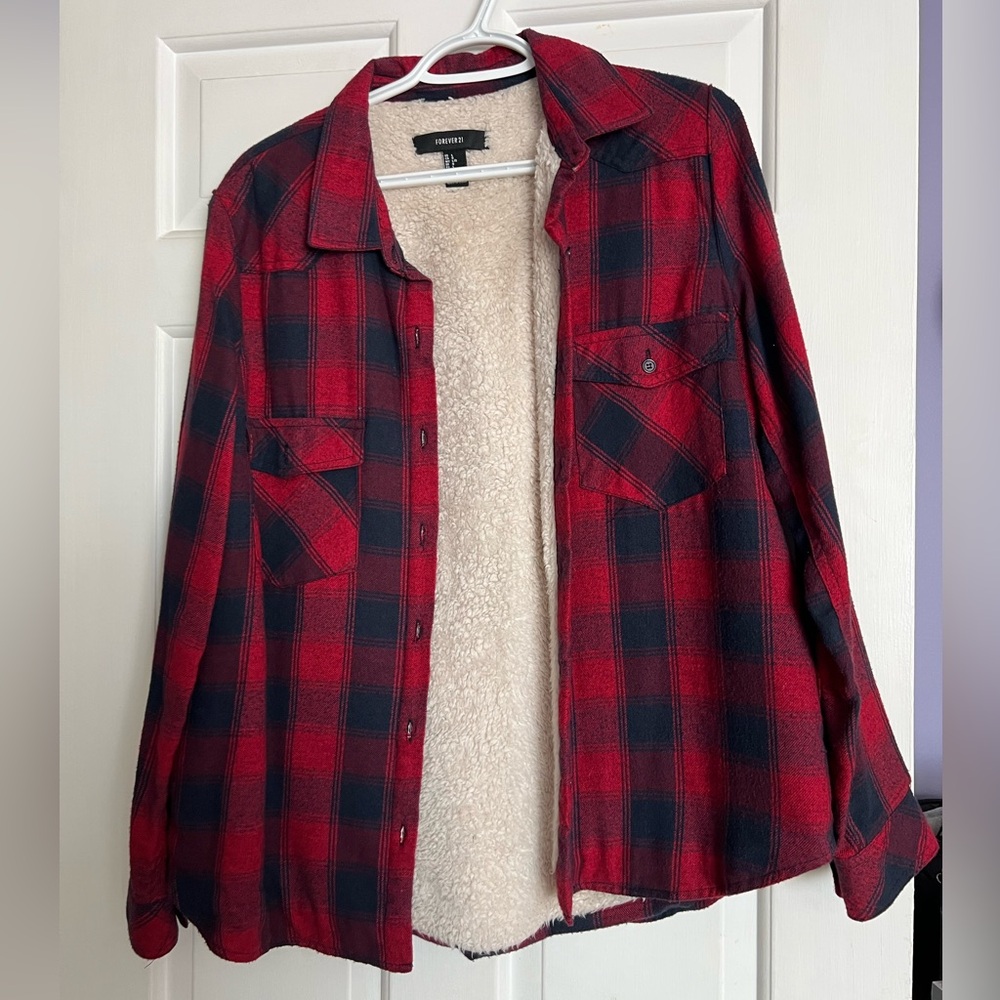 Forever 21 Red and Black Plaid Teddy Jacket